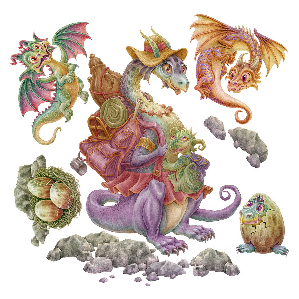 Autocollant mural 100x122 Une famille de conte de fées de dragons colorés aux pastels