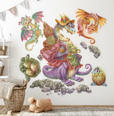 Autocollant mural 100x122 Une famille de conte de fées de dragons colorés aux pastels