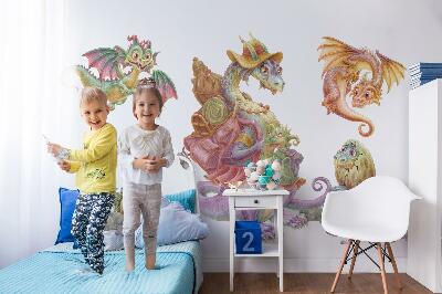 Autocollant mural 100x122 Une famille de conte de fées de dragons colorés aux pastels