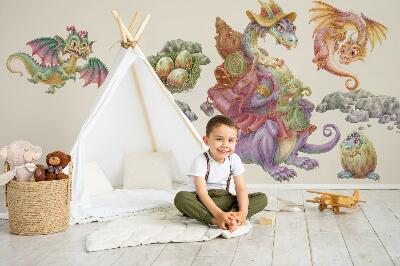 Autocollant mural 100x122 Une famille de conte de fées de dragons colorés aux pastels