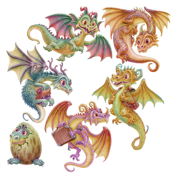 Autocollant mural 100x85 Des dragons colorés dans un style de conte de fées et de dessin animé