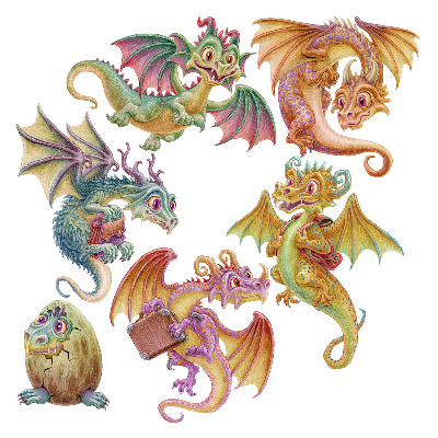 Autocollant mural 100x85 Des dragons colorés dans un style de conte de fées et de dessin animé