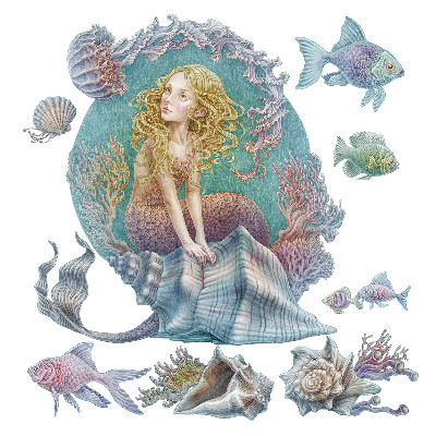 Autocollant mural 100x88 Sirène dans un monde sous-marin pastel