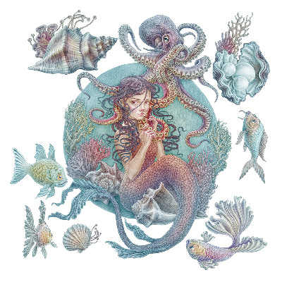 Autocollant mural 100x112 Une sirène dans un style de dessin pastel