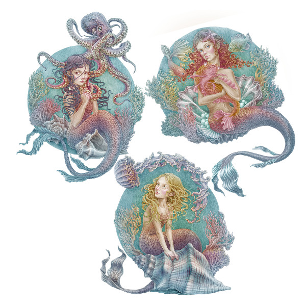 Autocollant mural 100x128 Contes de fées sous-marins avec des petites sirènes aux couleurs pastel