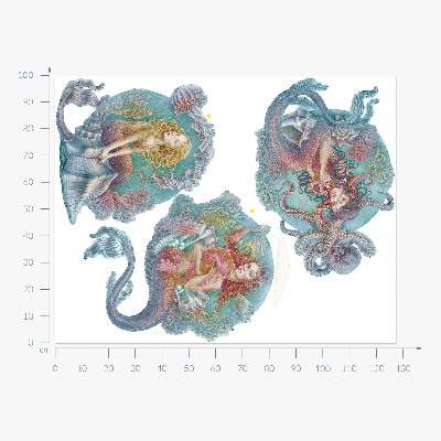 Autocollant mural 100x128 Contes de fées sous-marins avec des petites sirènes aux couleurs pastel