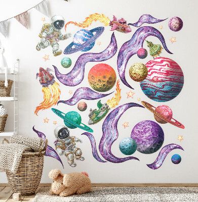 Autocollant mural 100x154 Aventures spatiales de fusées et de planètes aux pastels