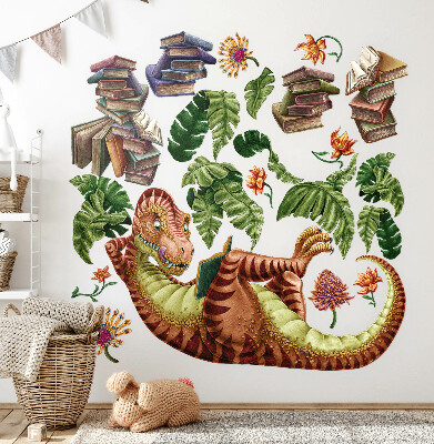 Autocollant mural 130x194 Dinosaure rouge avec dessins et végétation