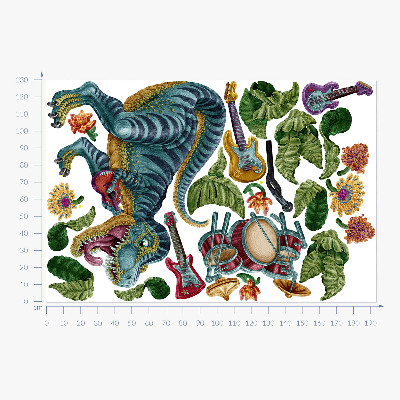 Autocollant mural 130x193 Dinosaure de dessin animé musical avec instruments