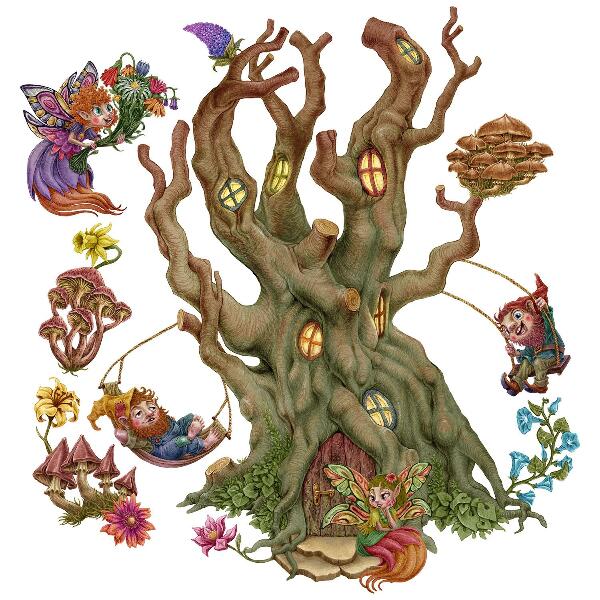 Autocollant mural 130x172 Créatures féeriques de la forêt et une cabane dans les arbres
