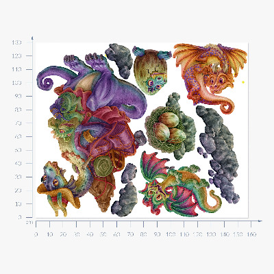 Autocollant mural 130x158 Famille de contes de fées de dragons colorés dans un style illustratif
