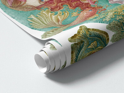 Autocollant mural 130x129 Une sirène de style dessin animé avec des coquillages sous-marins