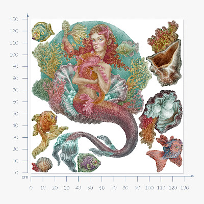 Autocollant mural 130x129 Une sirène de style dessin animé avec des coquillages sous-marins