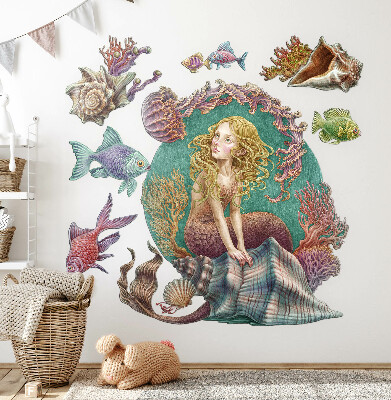 Autocollant mural 130x115 Une sirène parmi les coquillages des histoires sous-marines