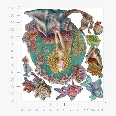 Autocollant mural 130x115 Une sirène parmi les coquillages des histoires sous-marines