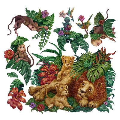 Autocollant mural 130x205 Bêtes exotiques de safari dans un style dessin animé de jungle tropicale