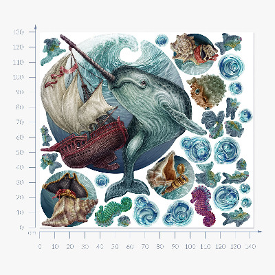 Autocollant mural 130x142 Un pays sous-marin de créatures de dessins animés
