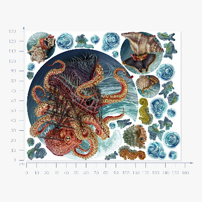 Autocollant mural 130x156 Un monde sous-marin de conte de fées avec une pieuvre et un bateau