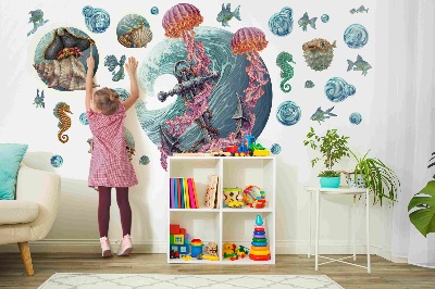 Autocollant mural 130x139 Un conte de fées sous-marin avec des méduses de mer dans le dessin