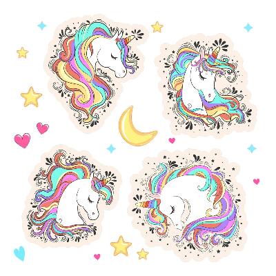 Autocollant mural 130x181 Licornes colorées et charmantes avec des étoiles et de la lune