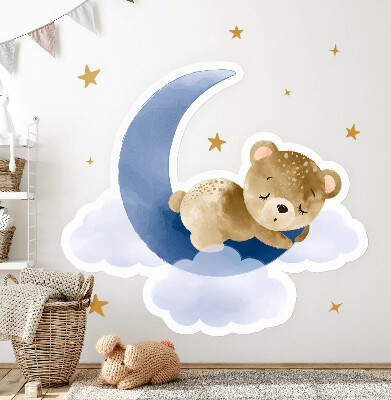 Autocollant mural 130x123 Ours en peluche sur la lune dans les nuages et les étoiles aquarelle