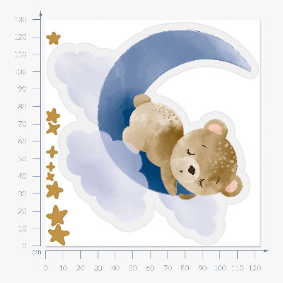 Autocollant mural 130x123 Ours en peluche sur la lune dans les nuages et les étoiles aquarelle