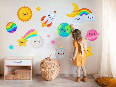 Autocollant mural 130x218 Thème spatial arc-en-ciel avec fusée et planètes