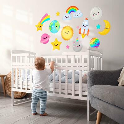 Autocollant mural 130x218 Thème spatial arc-en-ciel avec fusée et planètes