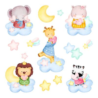 Autocollant mural 130x199 Animaux mignons dans les nuages et les étoiles aquarelle pastel