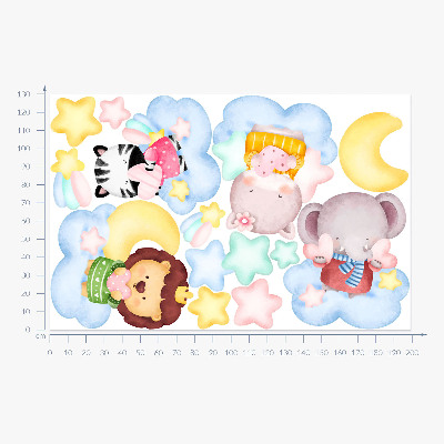 Autocollant mural 130x199 Animaux mignons dans les nuages et les étoiles aquarelle pastel