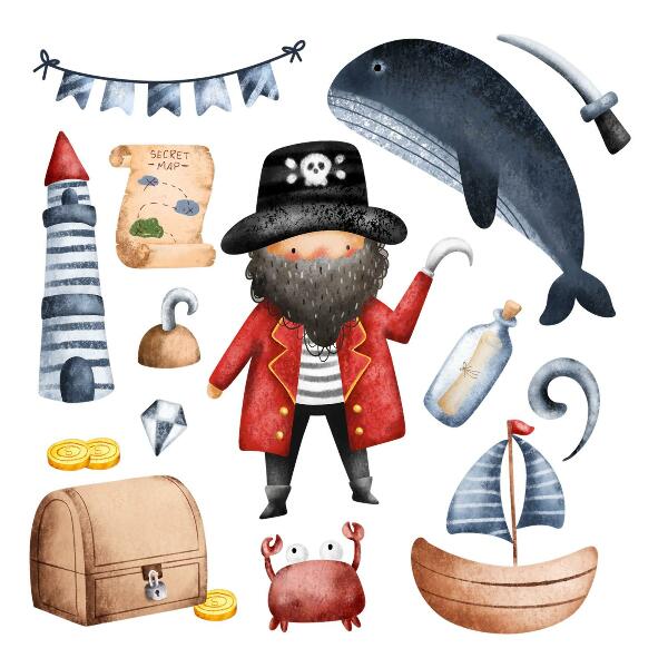 Autocollant mural 130x179 Le monde des pirates aux aquarelles pastel