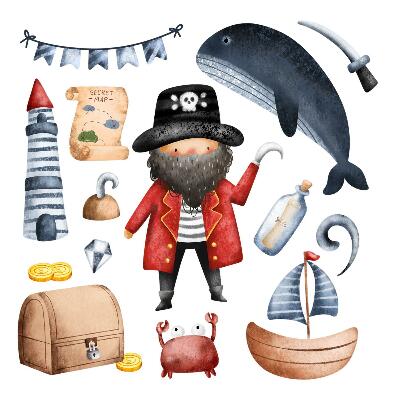 Autocollant mural 130x179 Le monde des pirates aux aquarelles pastel