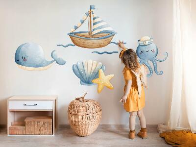 Autocollant mural 130x172 Créatures marines et un bateau à l'aquarelle pastel