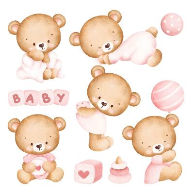 Autocollant mural 130x227 Ours en peluche à l'aquarelle pastel dans une version charmante