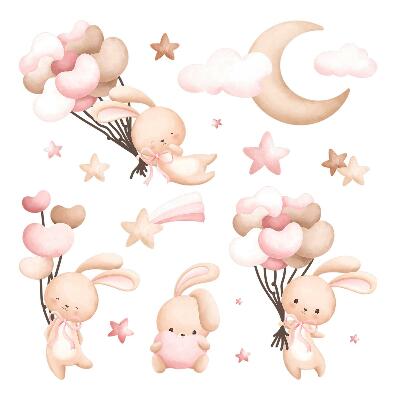 Autocollant mural 130x234 Lapins avec des ballons dans des tons pastel aquarelle