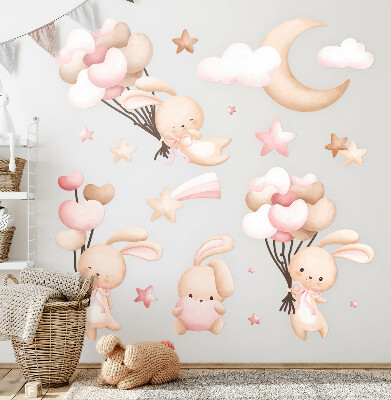 Autocollant mural 130x234 Lapins avec des ballons dans des tons pastel aquarelle