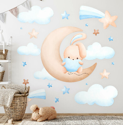 Autocollant mural 130x214 Lapin nuage sur une lune pastel