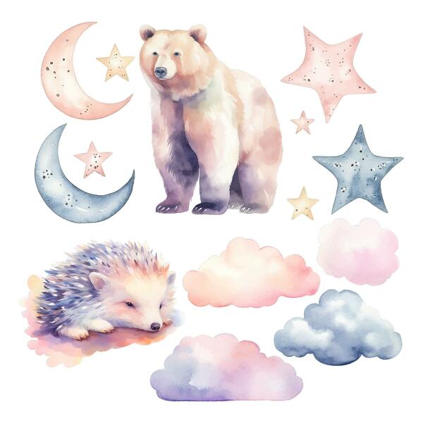 Autocollant mural 130x232 Animaux mignons sous le ciel nocturne dans un style aquarelle