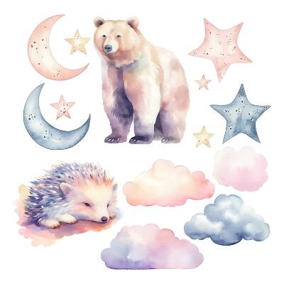Autocollant mural 130x232 Animaux mignons sous le ciel nocturne dans un style aquarelle