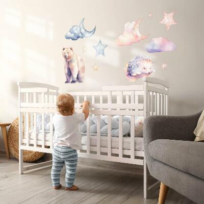 Autocollant mural 130x232 Animaux mignons sous le ciel nocturne dans un style aquarelle