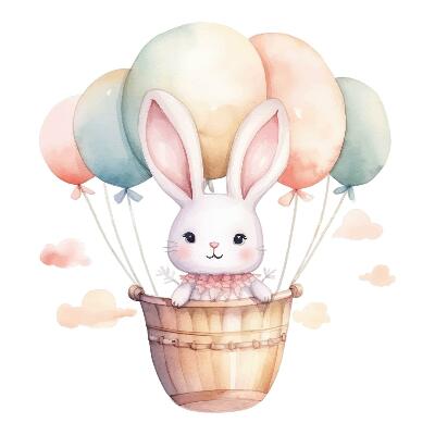 Autocollant mural 130x136 Lapin avec des ballons aux tons aquarelles