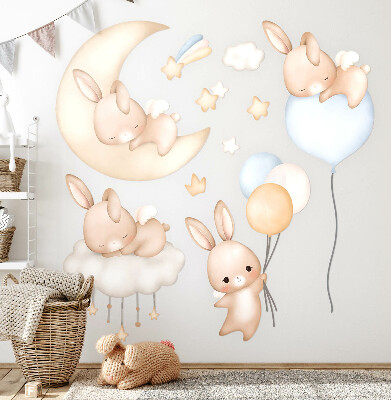 Autocollant mural 130x114 Lapins avec des ballons dans le ciel nocturne aquarelle