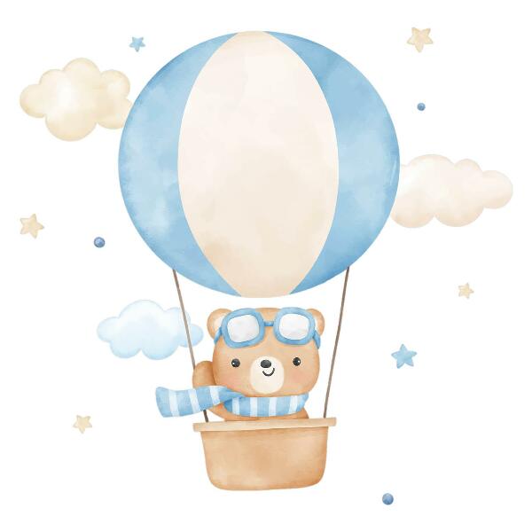 Autocollant mural 130x198 Petit ours dans un ballon dans les nuages aquarelle pastel