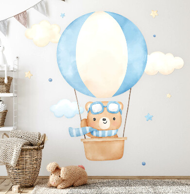 Autocollant mural 130x198 Petit ours dans un ballon dans les nuages aquarelle pastel