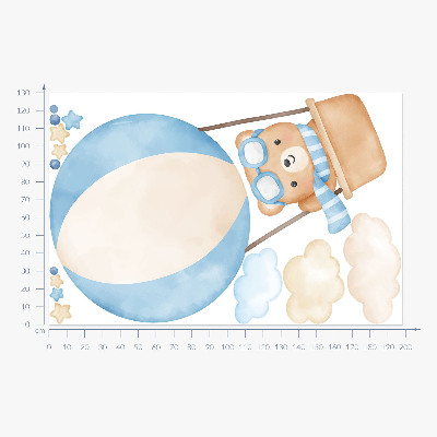 Autocollant mural 130x198 Petit ours dans un ballon dans les nuages aquarelle pastel