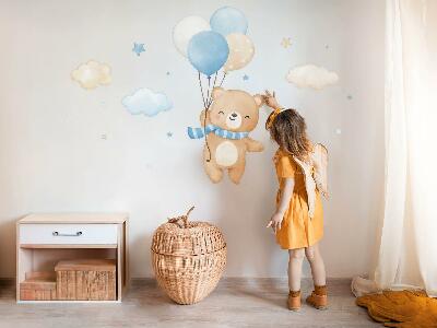 Autocollant mural 130x186 Ours en peluche mignon avec des ballons dans les nuages, aquarelle pastel