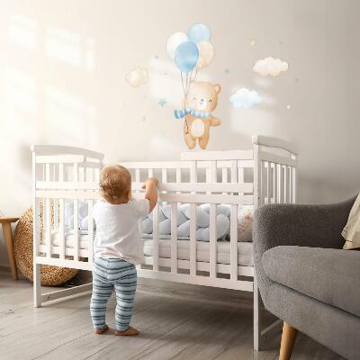 Autocollant mural 130x186 Ours en peluche mignon avec des ballons dans les nuages, aquarelle pastel