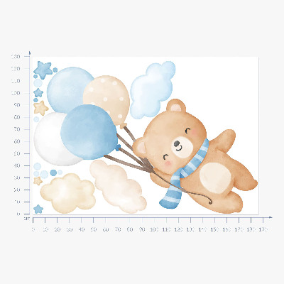 Autocollant mural 130x186 Ours en peluche mignon avec des ballons dans les nuages, aquarelle pastel