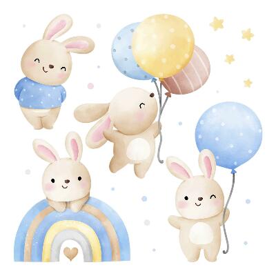 Autocollant mural 130x203 Lapins avec des ballons dans un arc-en-ciel pastel