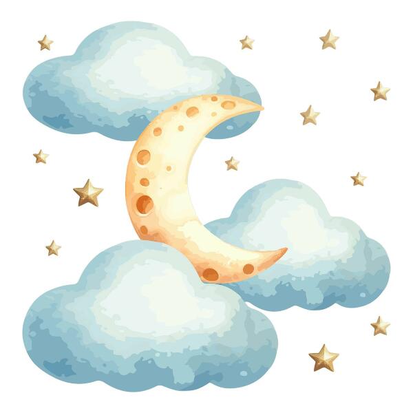 Autocollant mural 130x161 Lune et nuages à l'aquarelle pastel